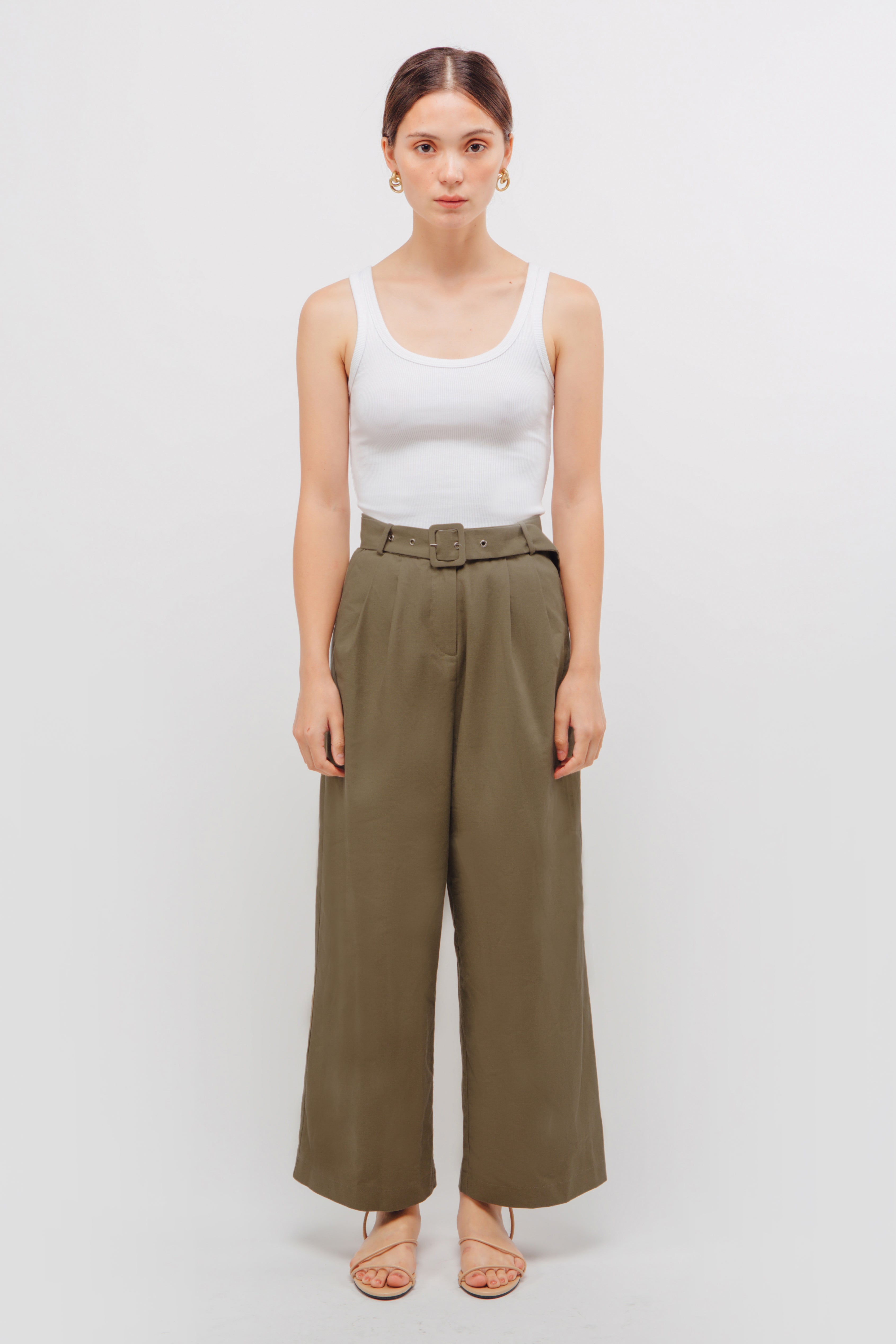 Belted Linen Wide Legged Pants In Muted Sage