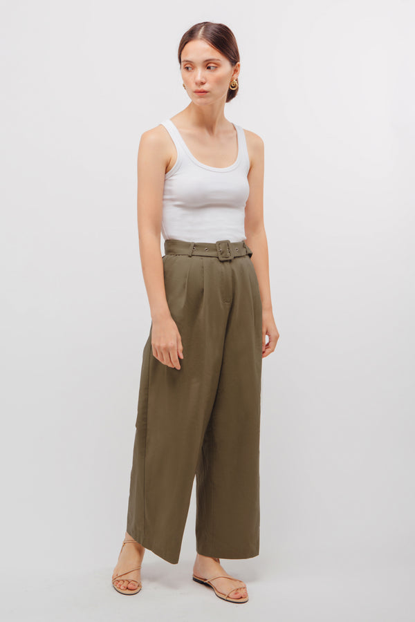 Belted Linen Wide Legged Pants In Muted Sage