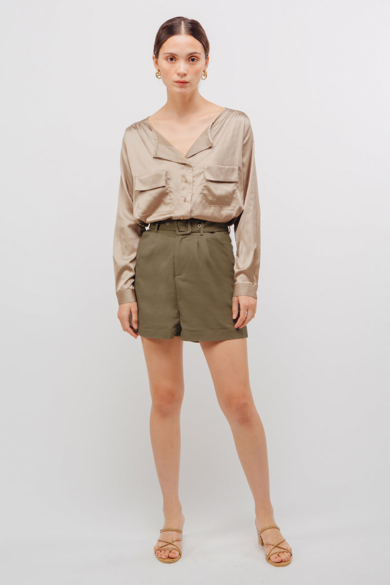 Linen Belted Shorts In Muted Sage
