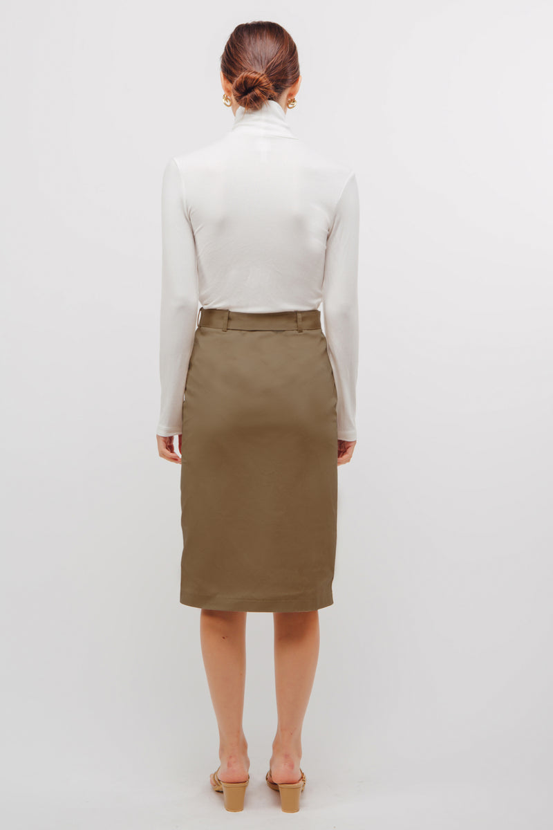 Belted Straight Skirt With Slit In Khaki