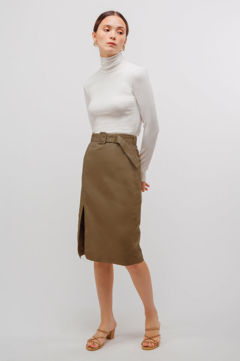 Belted Straight Skirt With Slit In Khaki