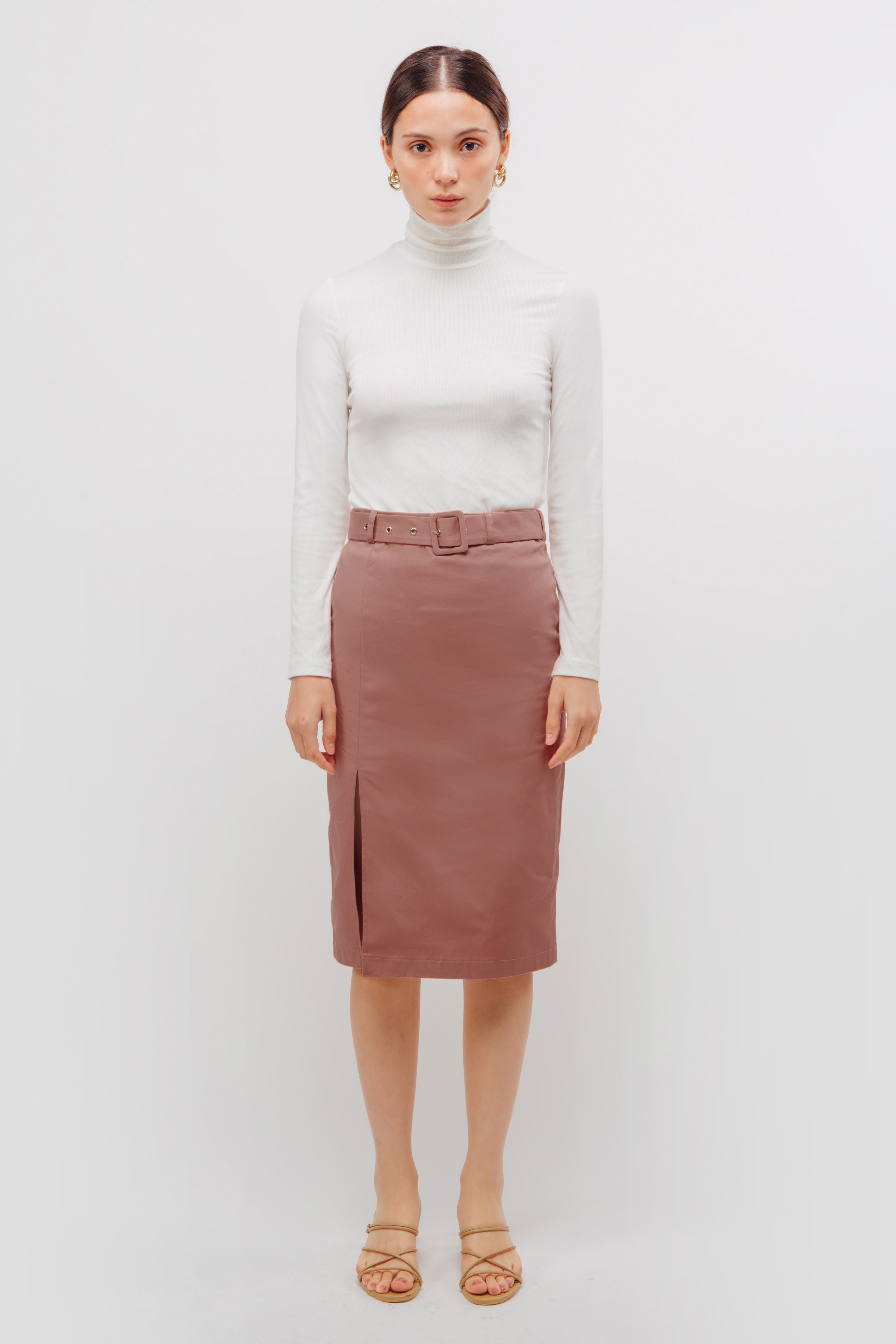 Belted Straight Skirt With Slit In Mulberry Pink