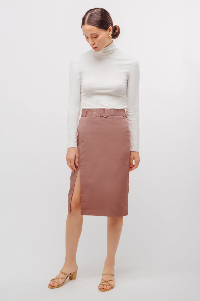 Belted Straight Skirt With Slit In Mulberry Pink