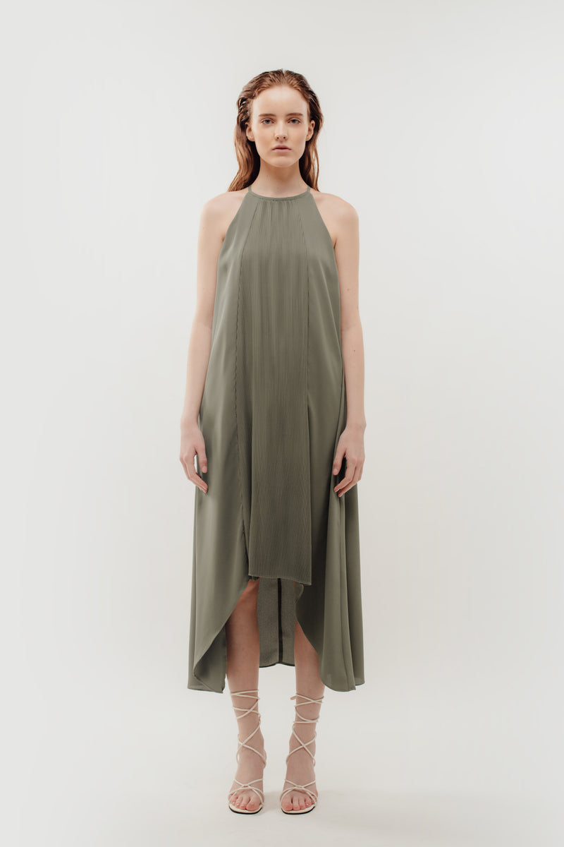 Pleated Halter Dress In Sage