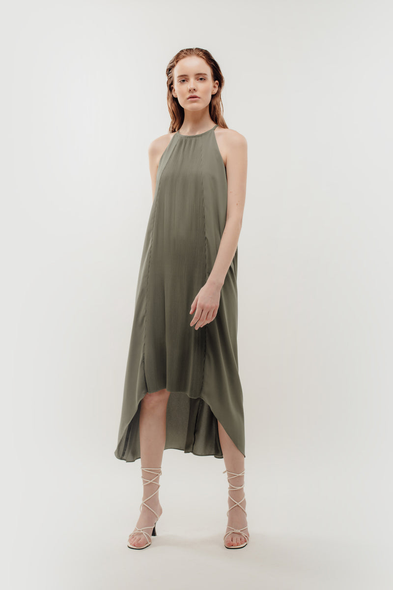 Pleated Halter Dress In Sage