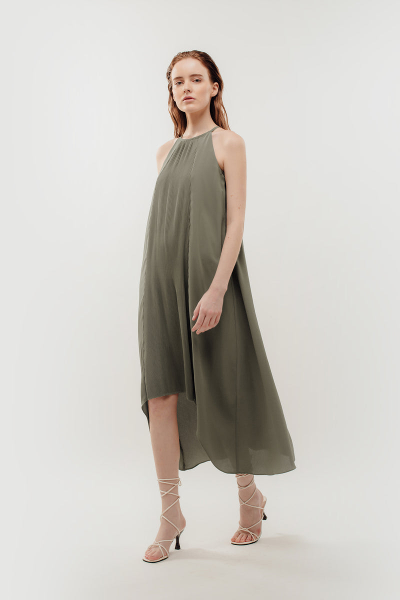 Pleated Halter Dress In Sage