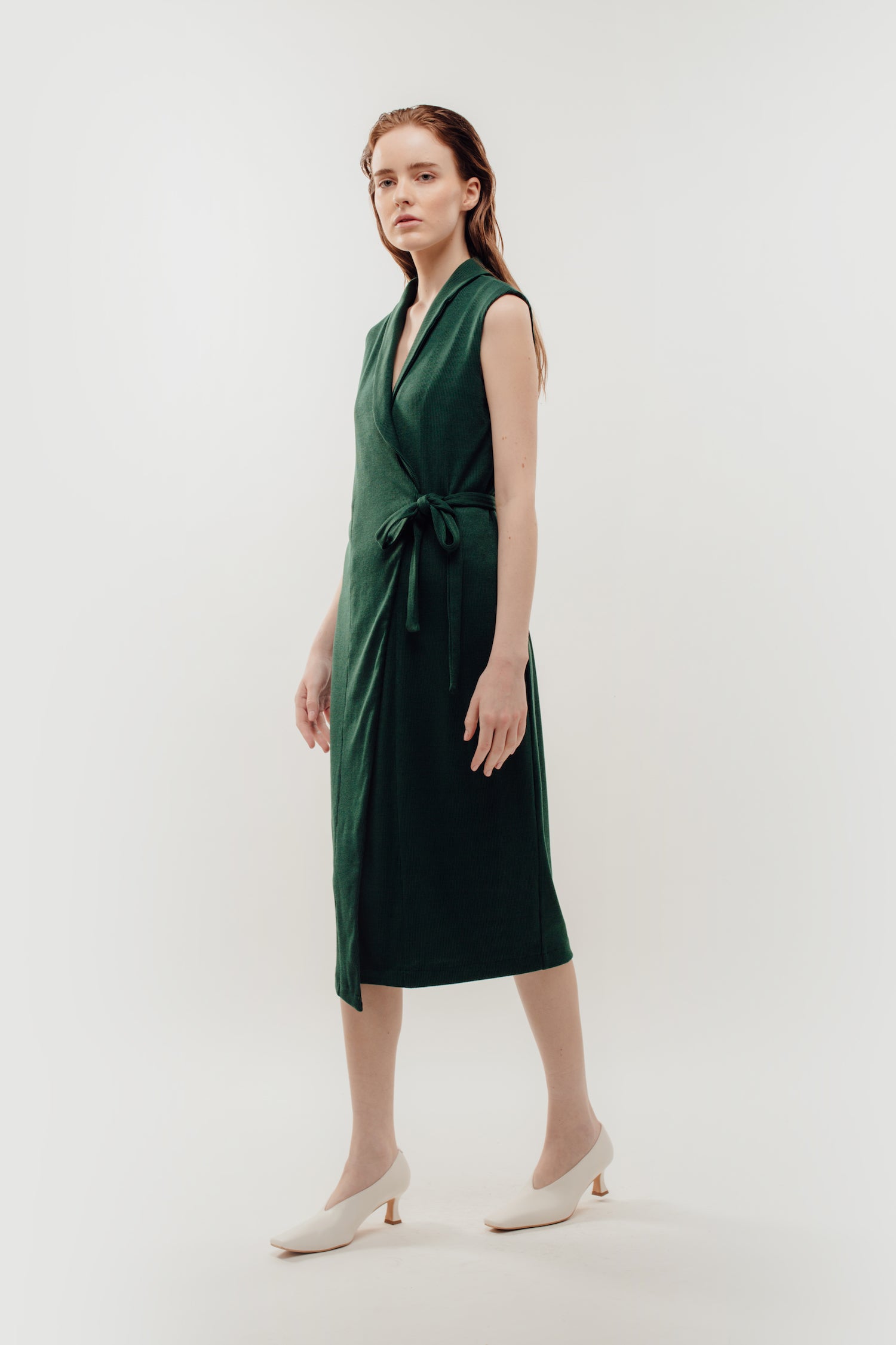 V-Neck Lapel Knitted Wrap Dress In Green