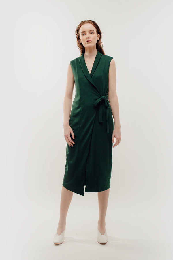 V-Neck Lapel Knitted Wrap Dress In Green