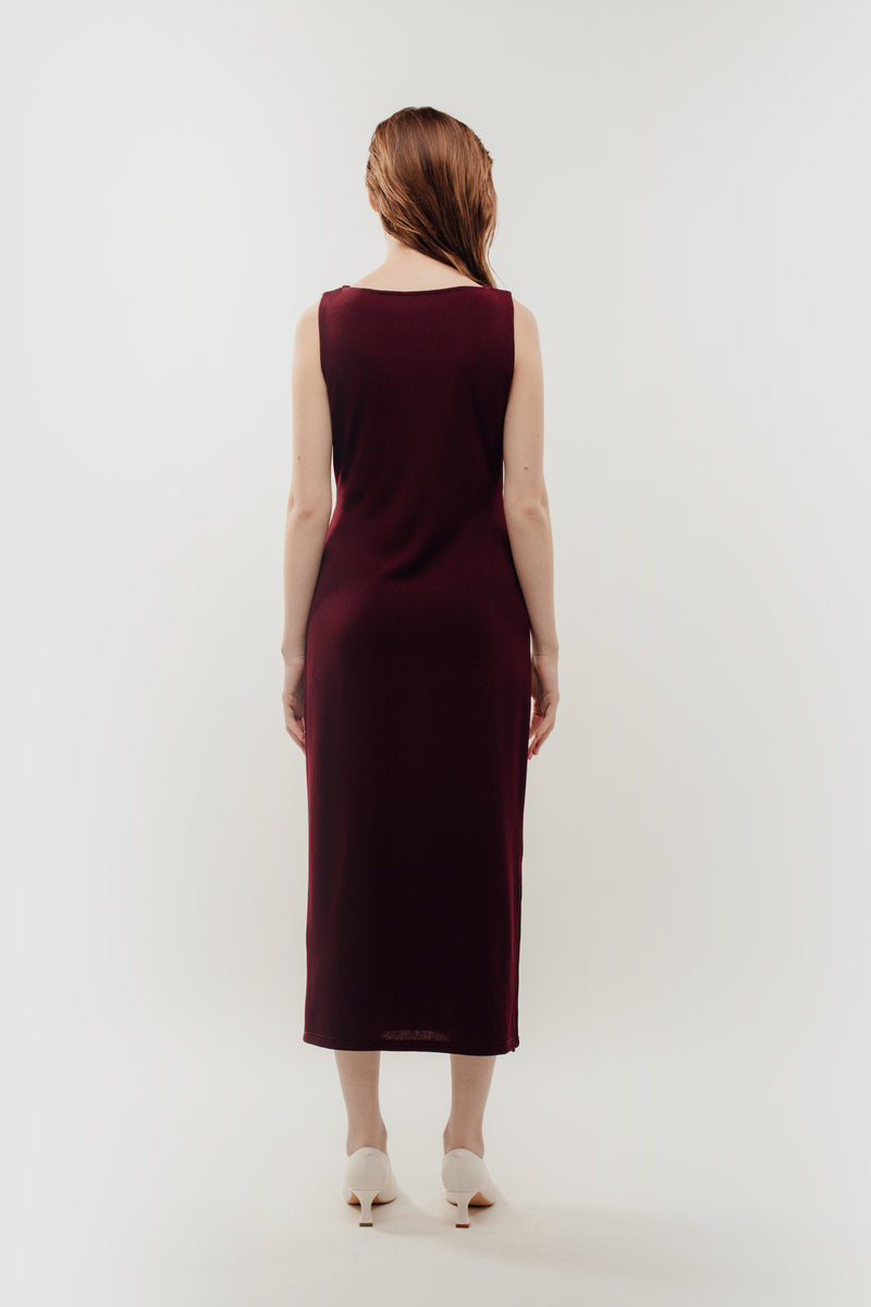 Classic Ribbed Knit Dress With Sash In Red
