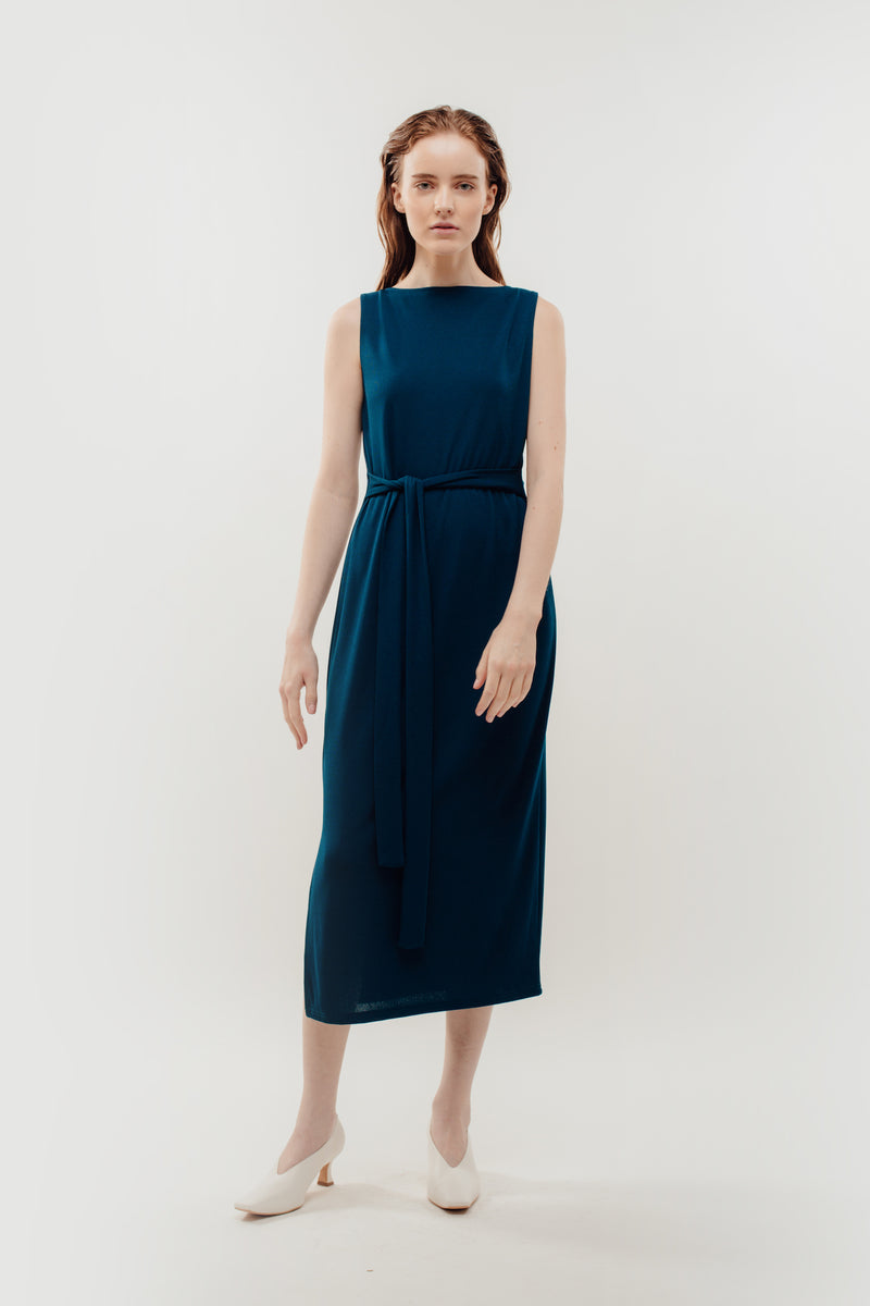 Classic Ribbed Knit Dress With Sash In Blue