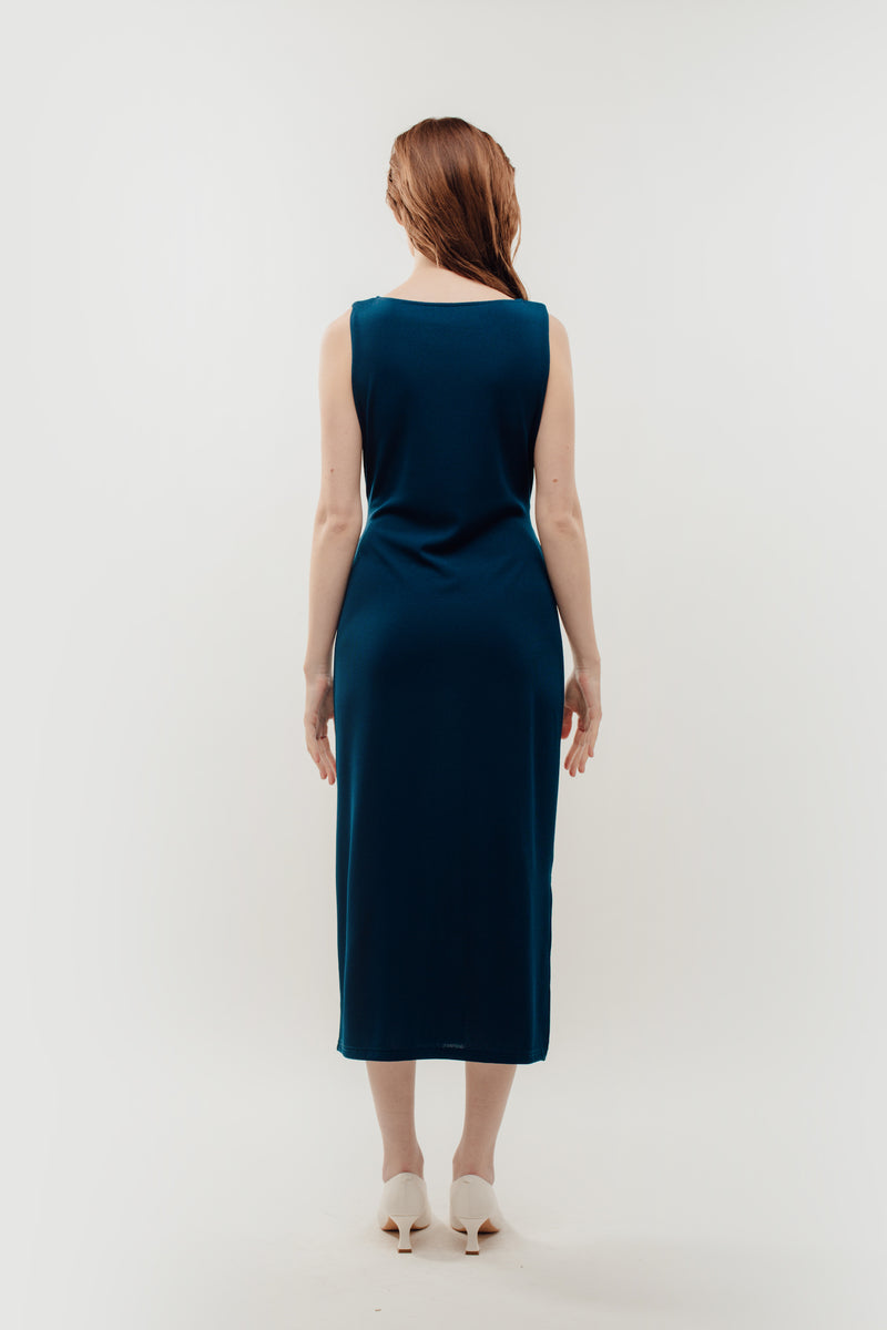 Classic Ribbed Knit Dress With Sash In Blue
