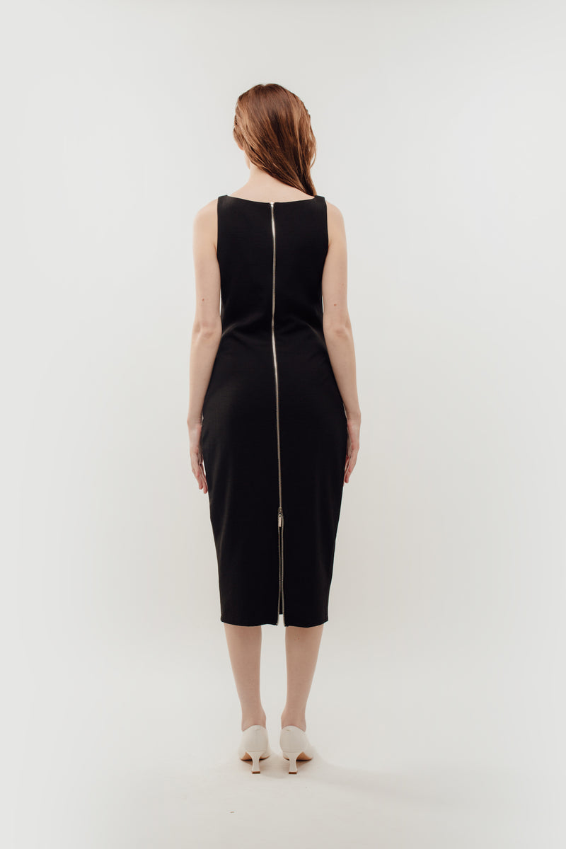 Classic Midi Dress w Exposed Zipper Slit In Black