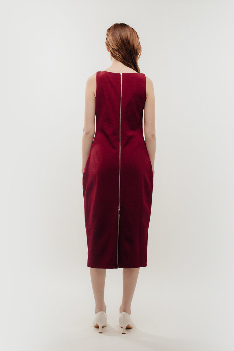 Classic Midi Dress w Exposed Zipper Slit In Red