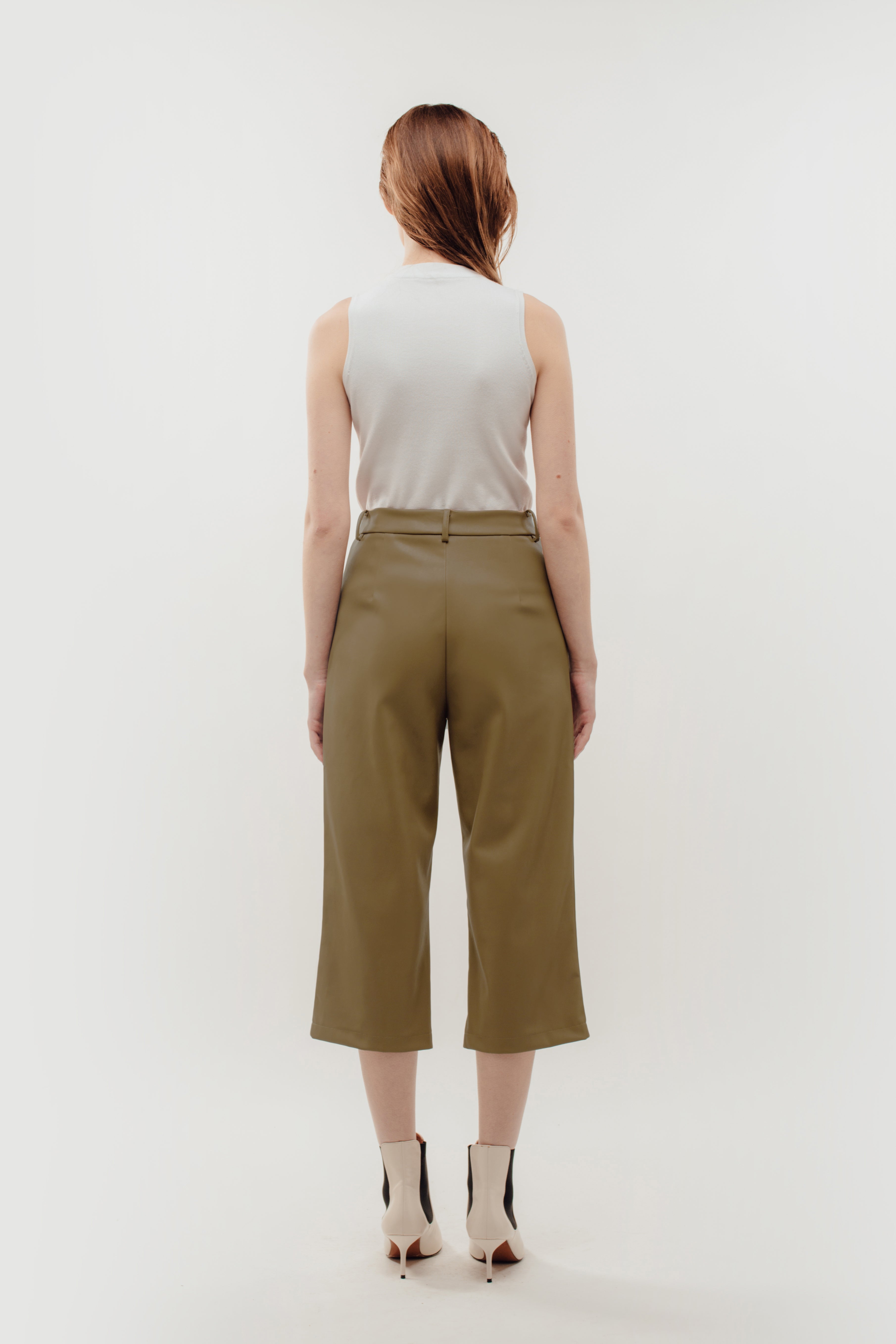 Faux Leather Cropped Trousers in Camel