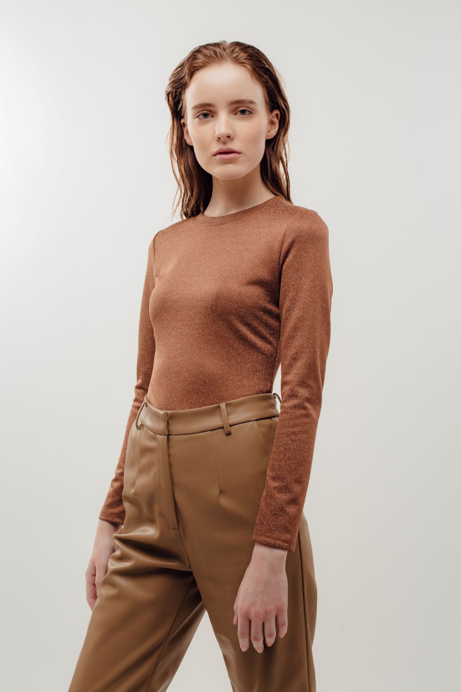 Fitted Long Sleeve Shirt in Shimmer Brown