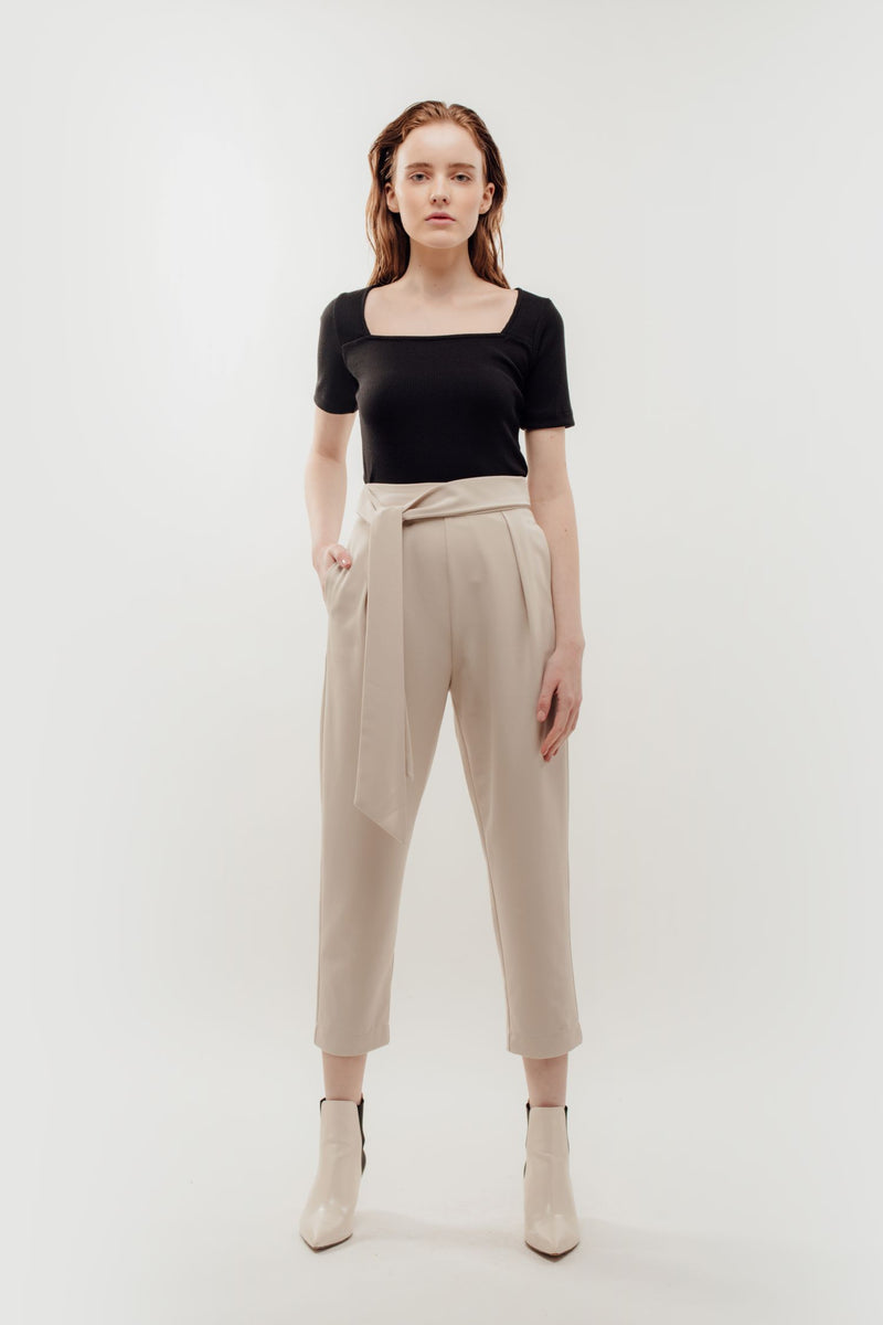 High Waisted Trousers with Belt Tie in Beige