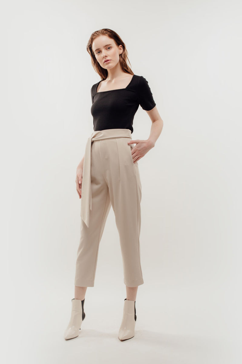 High Waisted Trousers with Belt Tie in Beige
