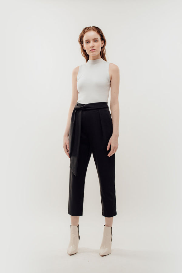 High Waisted Trousers with Belt Tie in Navy