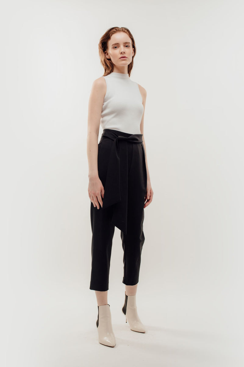 High Waisted Trousers with Belt Tie in Navy