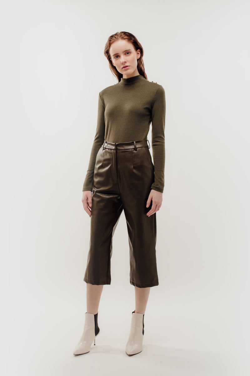 Faux Leather Cropped Trousers in Olive