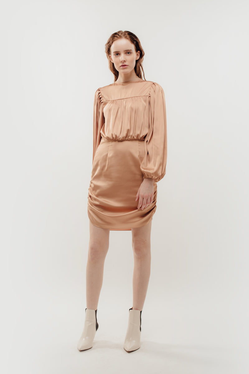 Puffed Sleeved Draped Dress in Camel