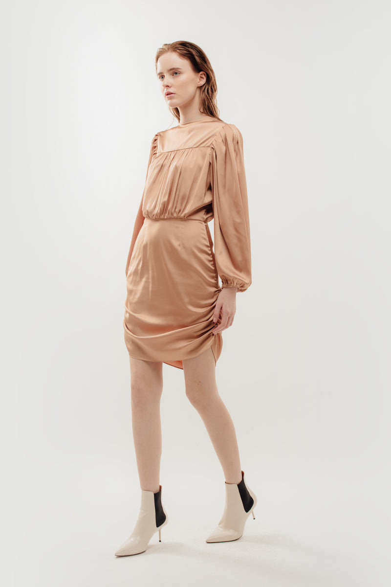 Puffed Sleeved Draped Dress in Camel