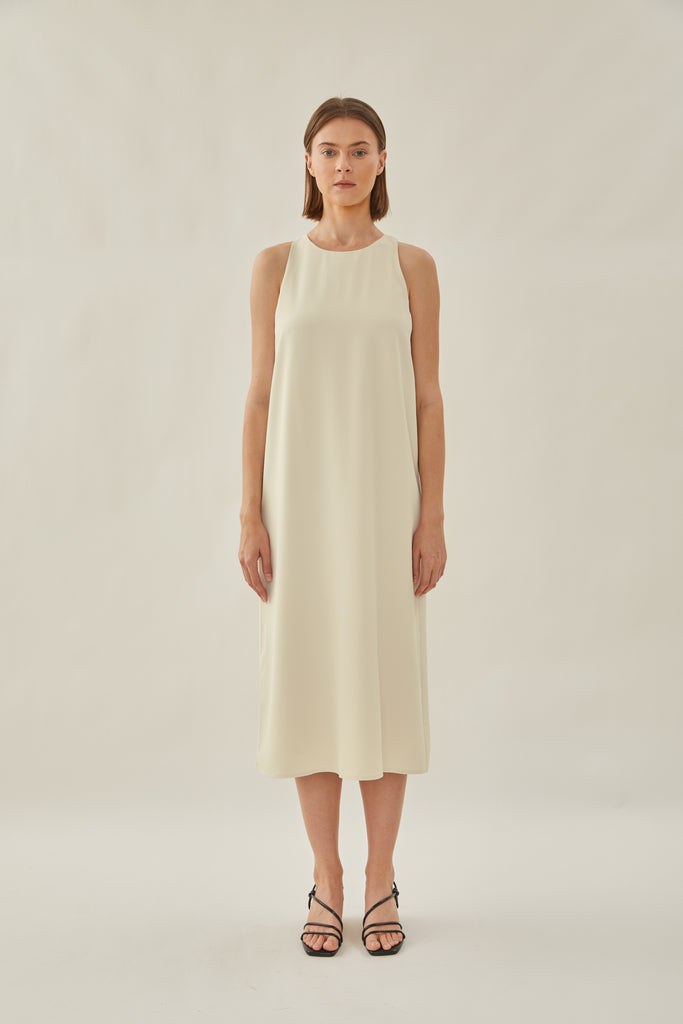 Round Neck Midi Dress in Ivory – KLARRA