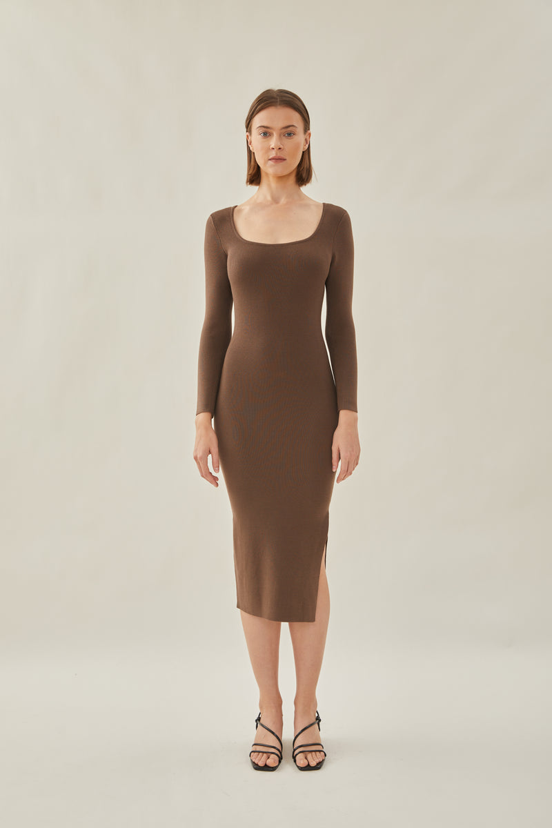 Rounded Square Neck Knit Dress in Soil KLARRA