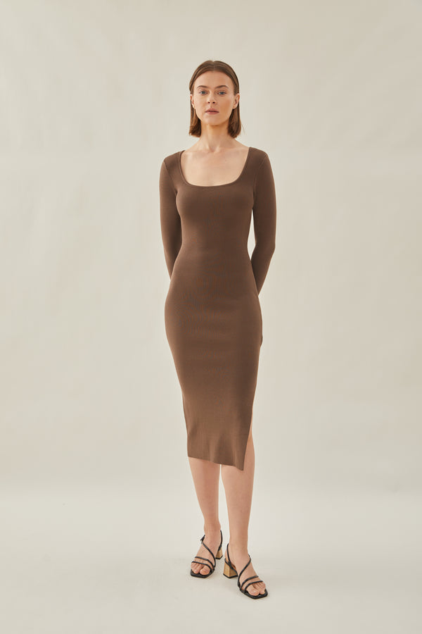 Rounded Square Neck Knit Dress in Soil