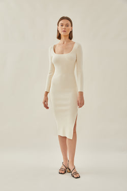 Rounded Square Neck Knit Dress in Bone