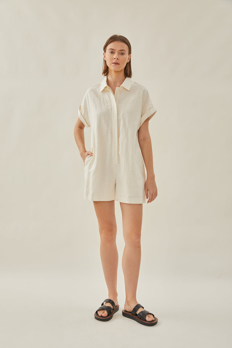 Relaxed Shirt Romper in Ivory – KLARRA