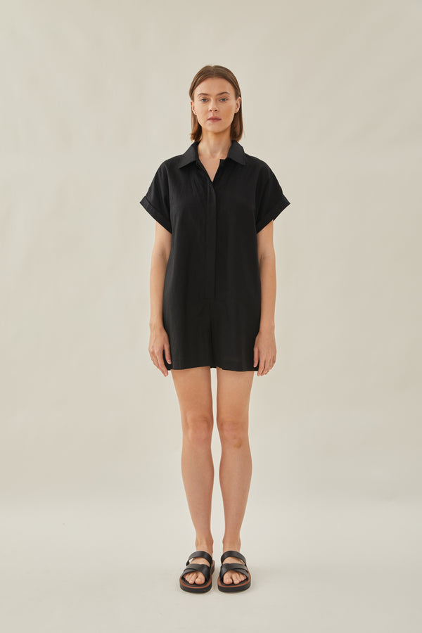 Relaxed Shirt Romper in Black