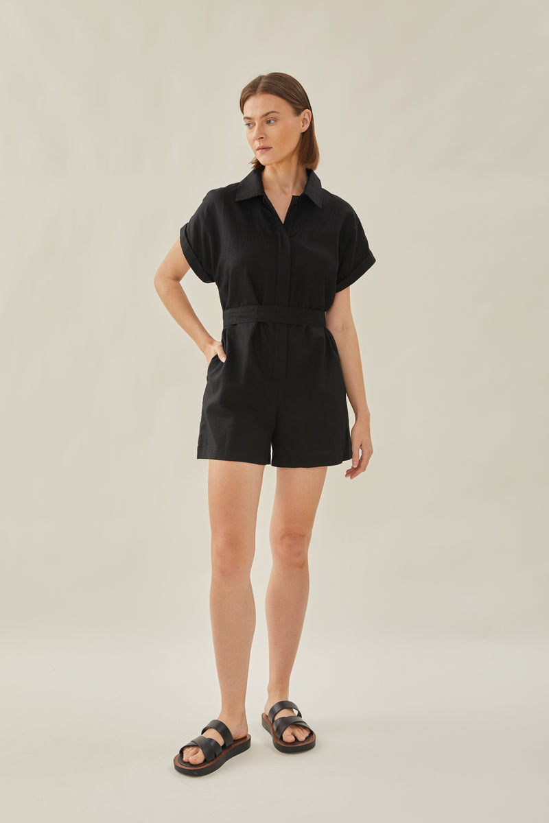 Relaxed Shirt Romper in Black