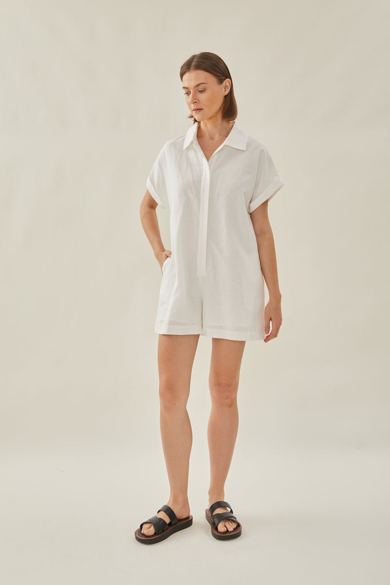 Relaxed Shirt Romper in White