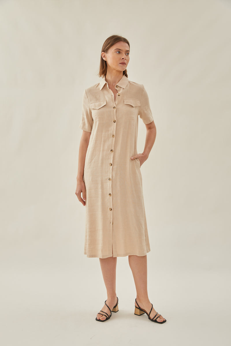 Linen Shirt Midi Dress in Oatmeal