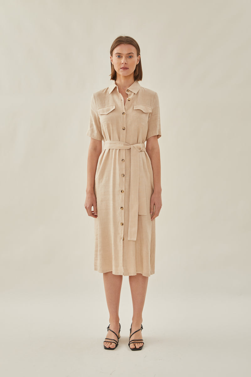 Linen Shirt Midi Dress in Oatmeal – KLARRA