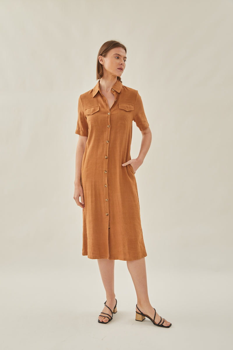 Linen Shirt Midi Dress in Brown
