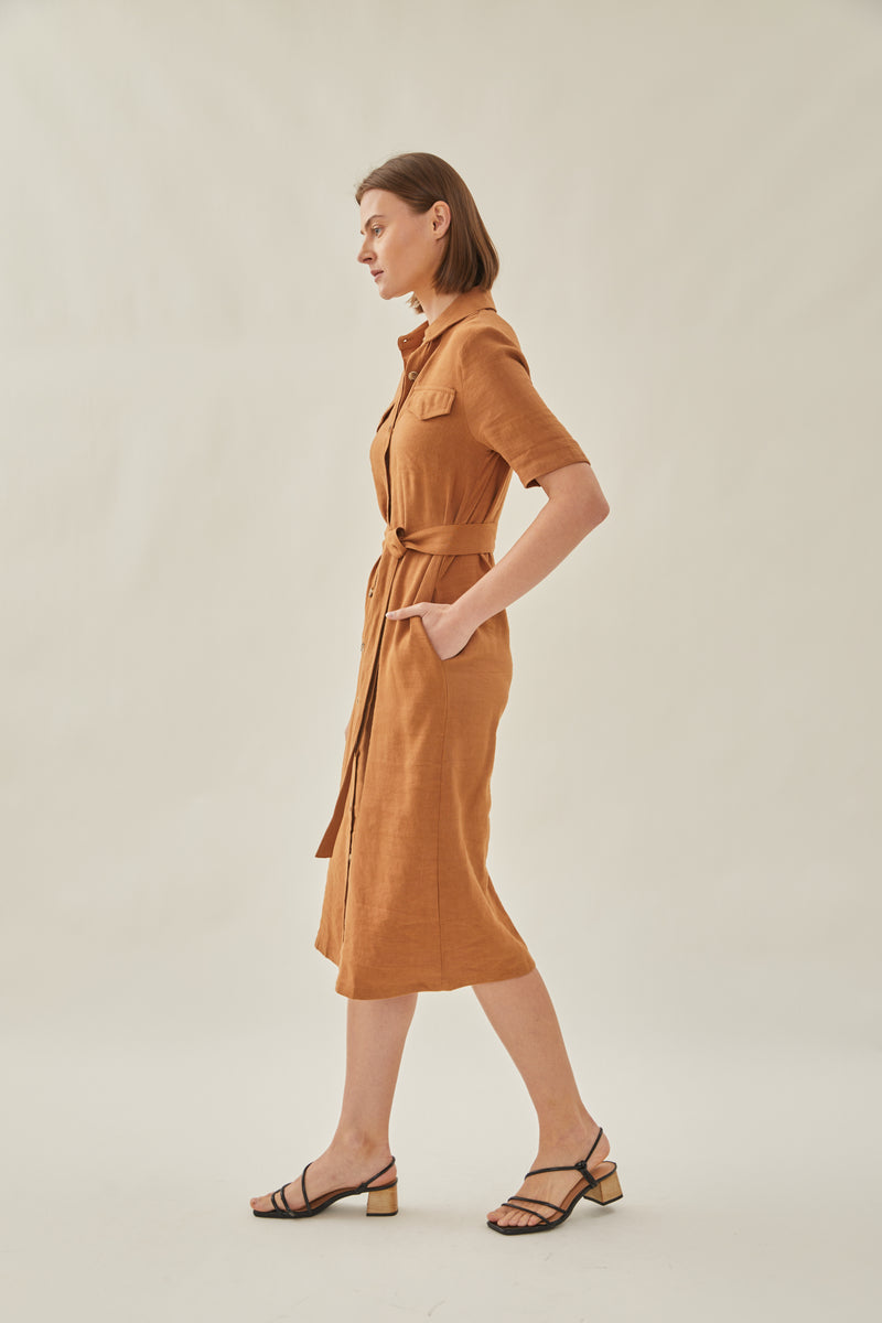 Linen Shirt Midi Dress in Brown