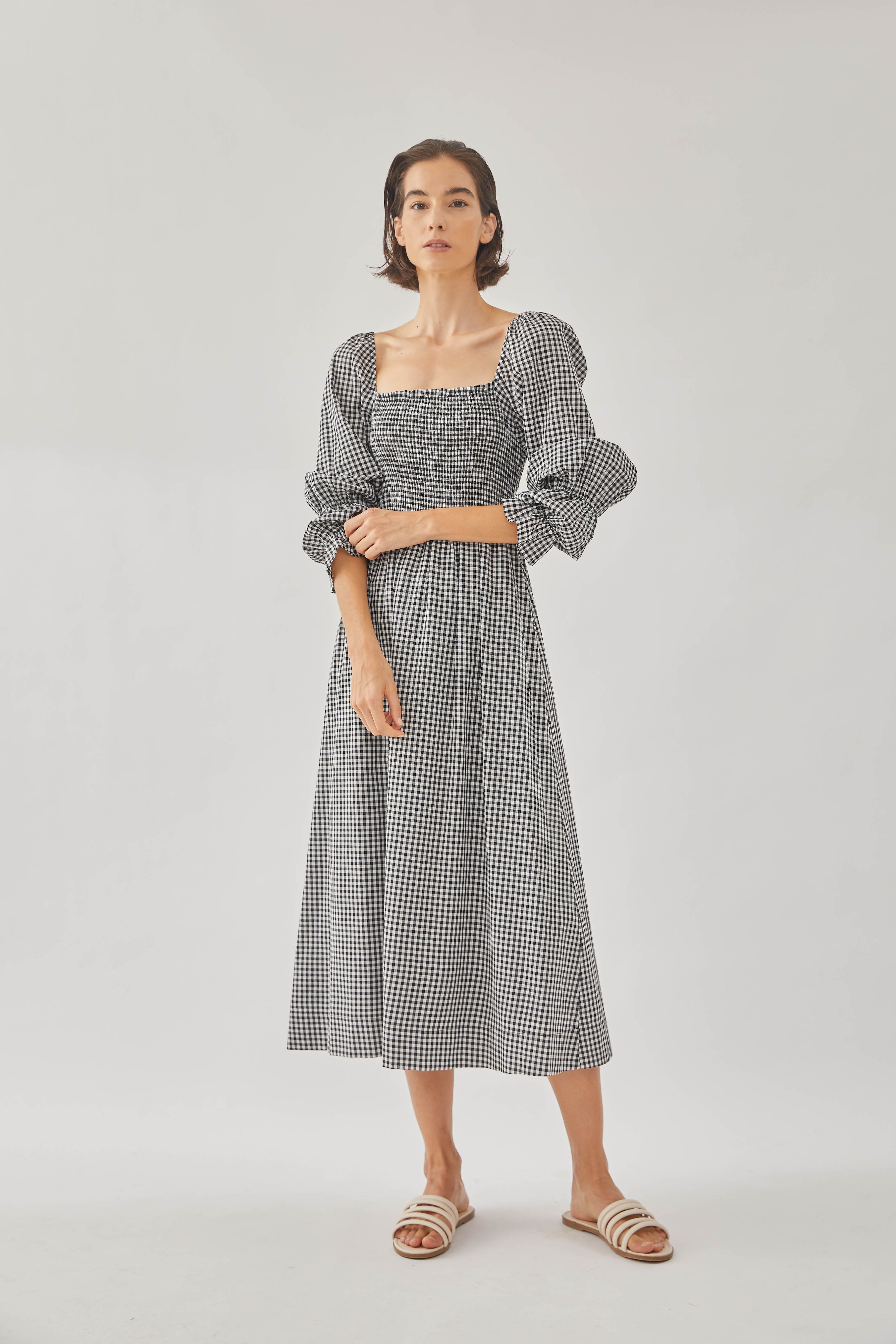 Cotton Shirred Midi Dress in Checkered