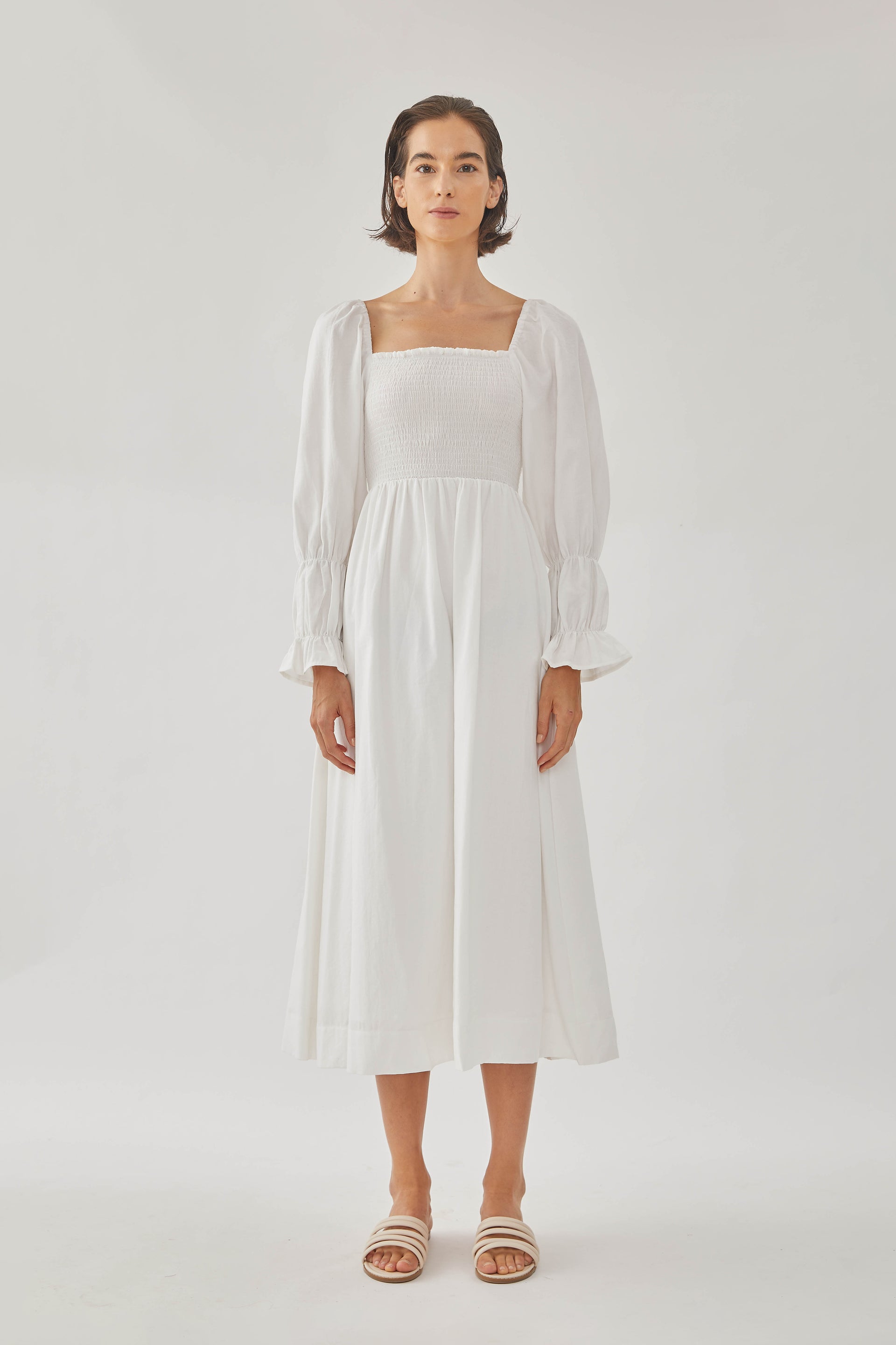 Cotton Shirred Midi Dress in White