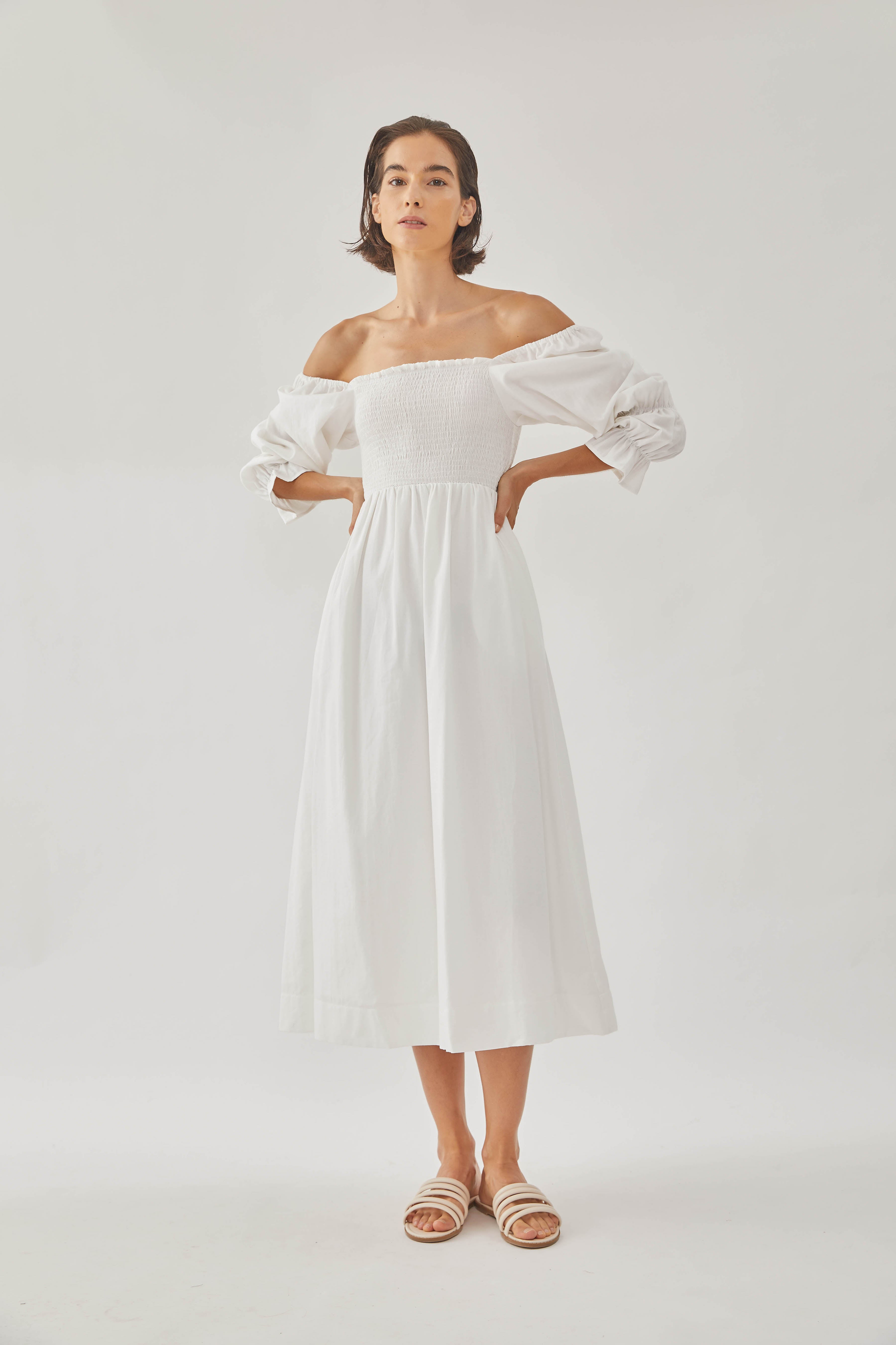 Cotton Shirred Midi Dress in White