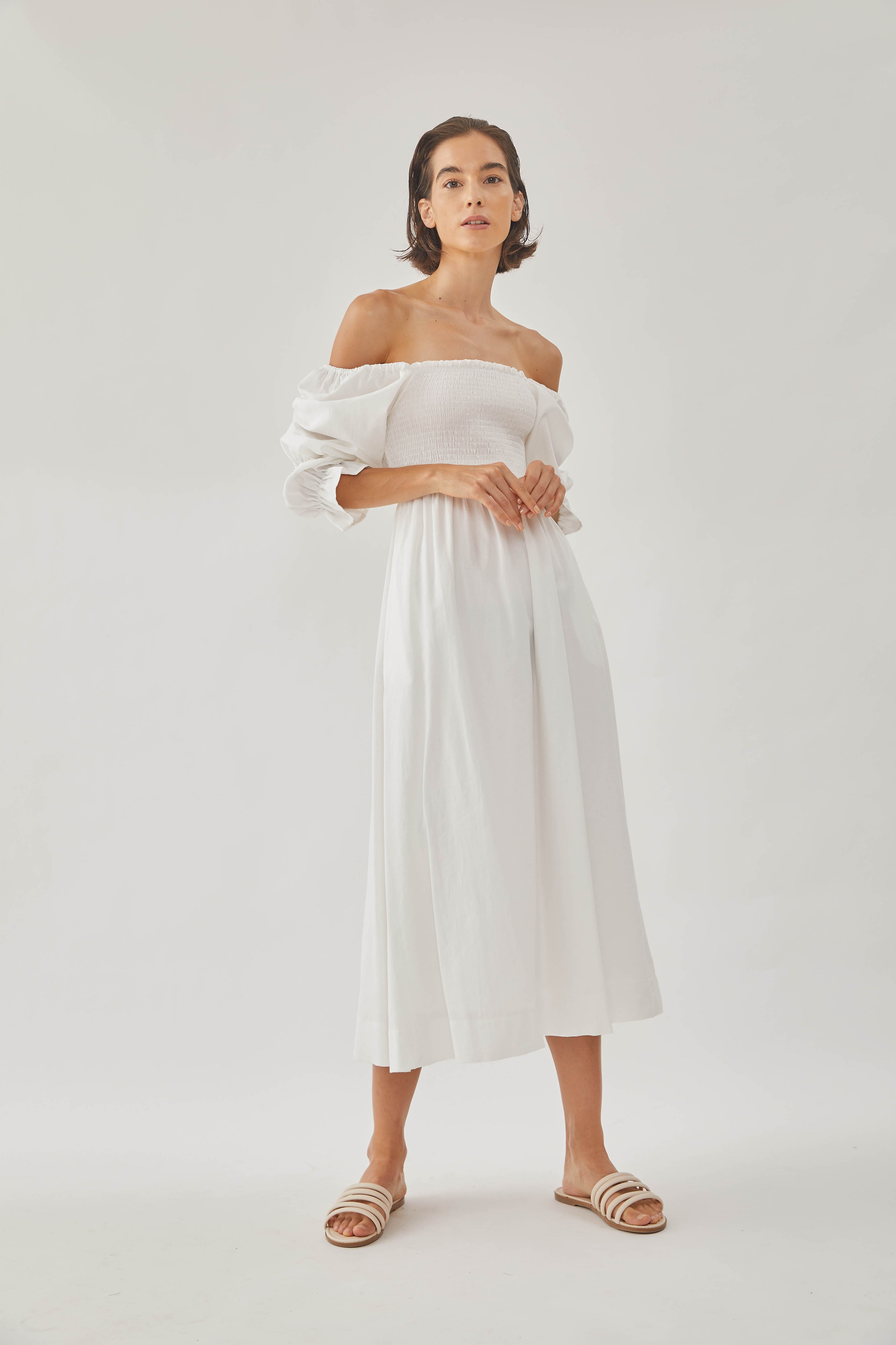 Cotton Shirred Midi Dress in White