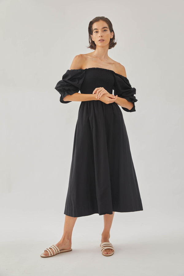 Cotton Shirred Midi Dress in Black