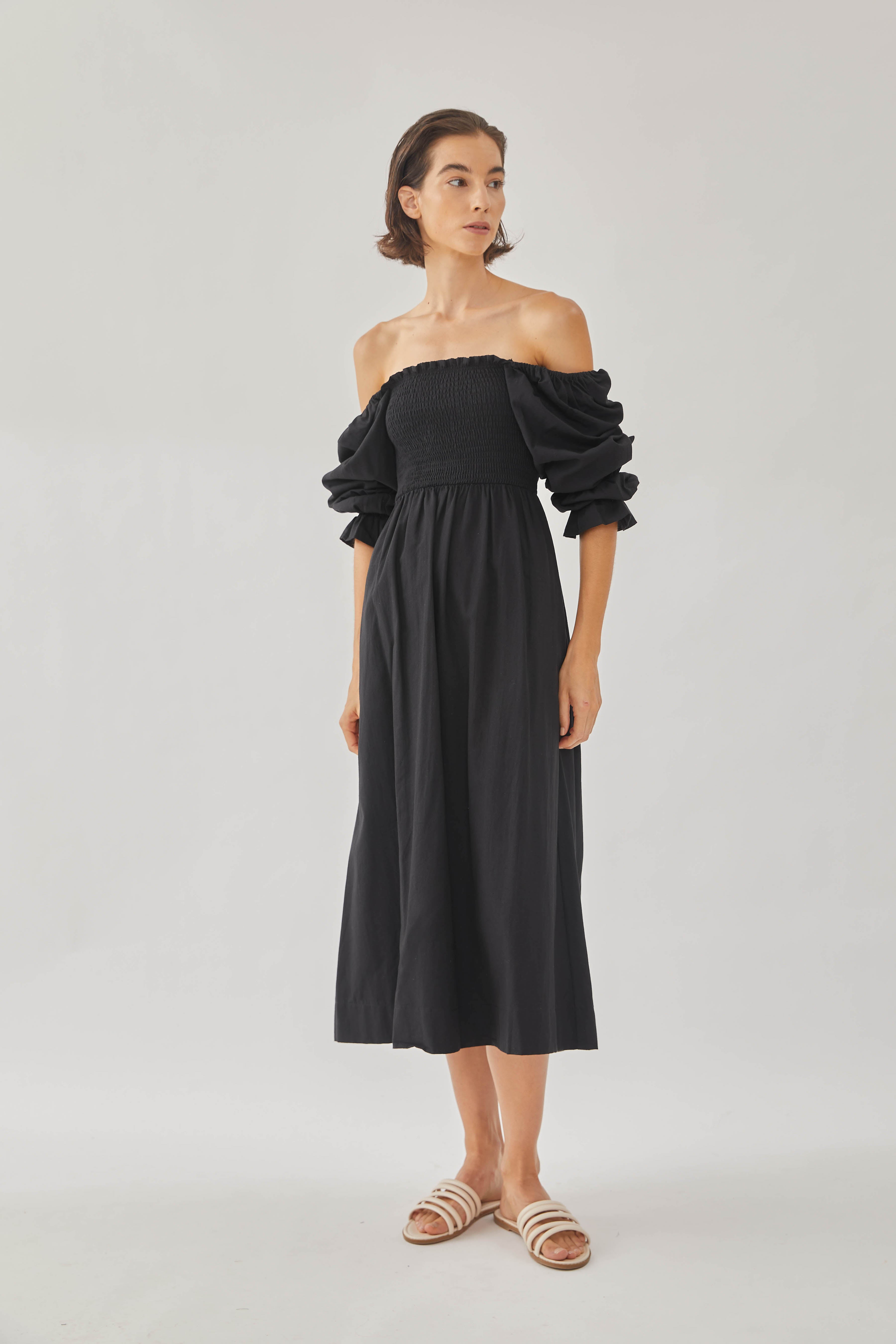 Cotton Shirred Midi Dress in Black