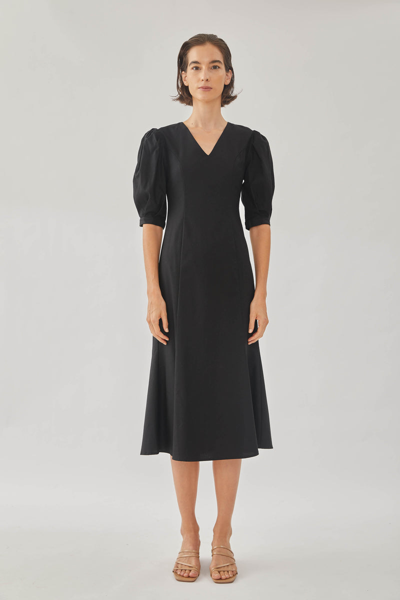 Linen Midi Dress in Black