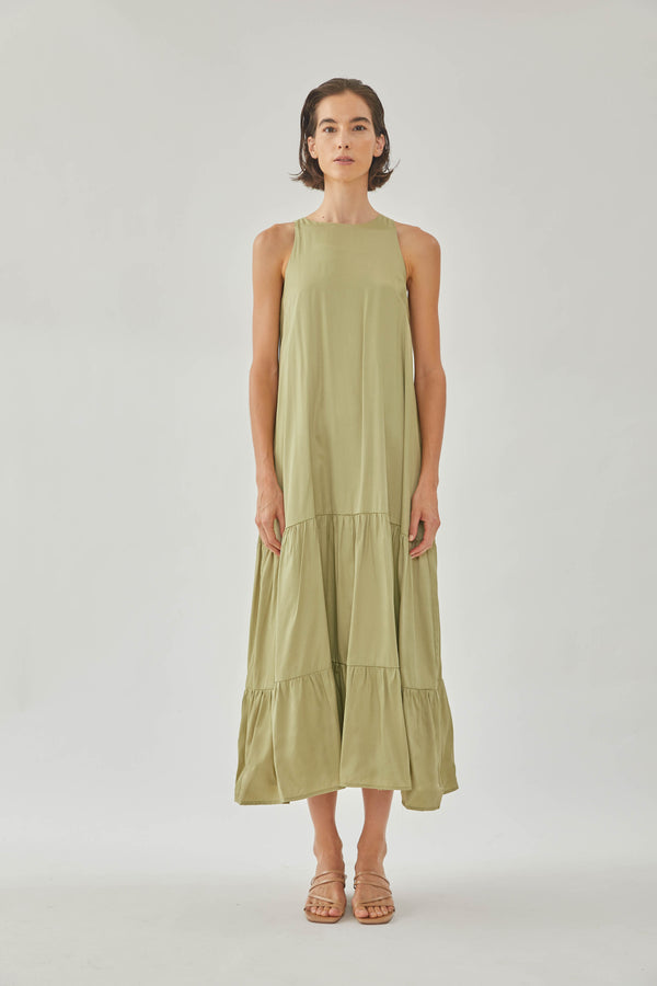 Cotton Blend Tiered Maxi Dress in Olive