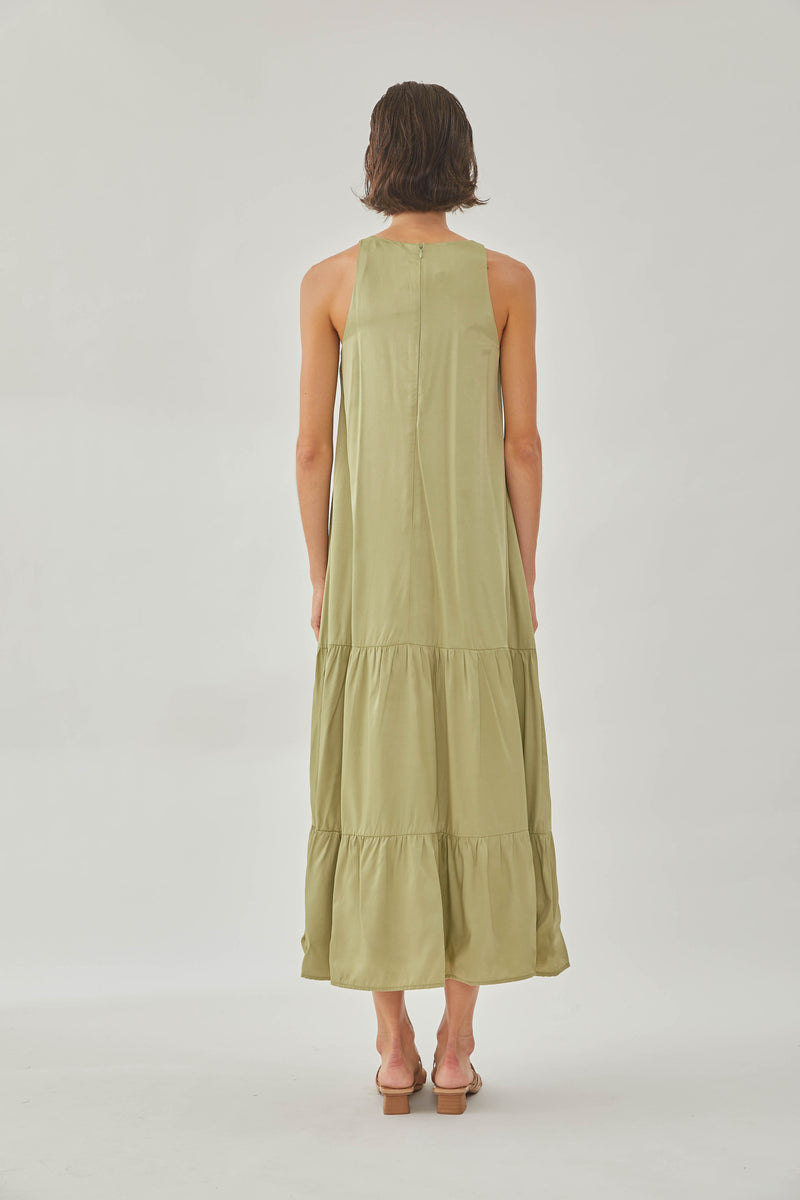 Cotton Blend Tiered Maxi Dress in Olive