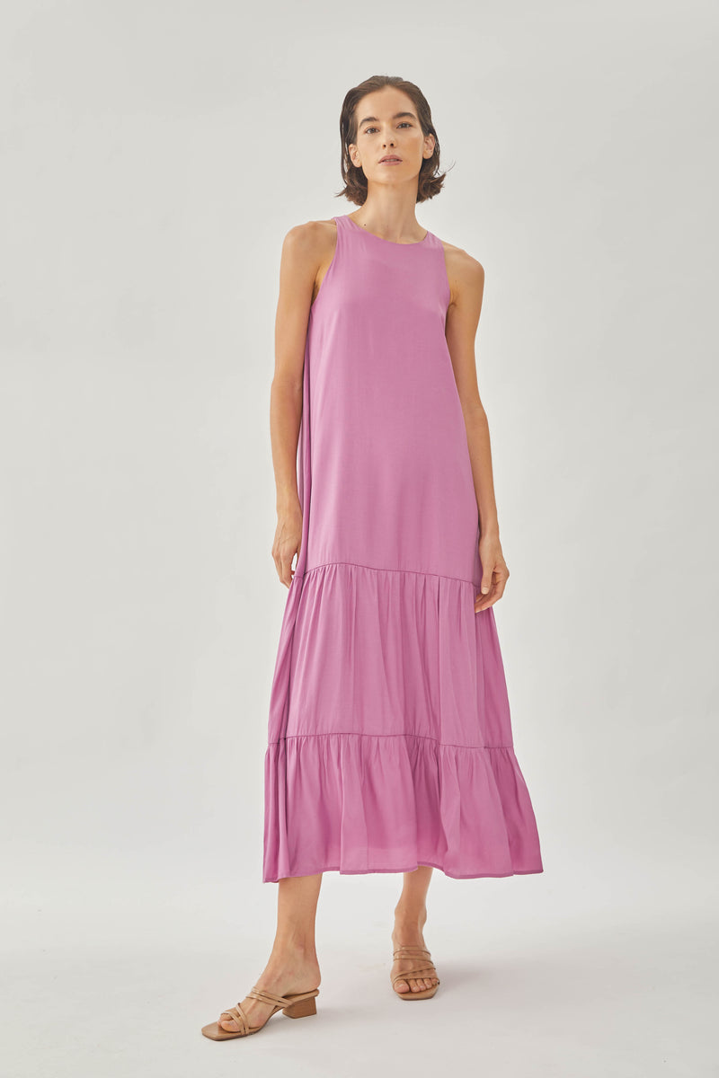 Cotton Blend Tiered Maxi Dress in Hibiscus