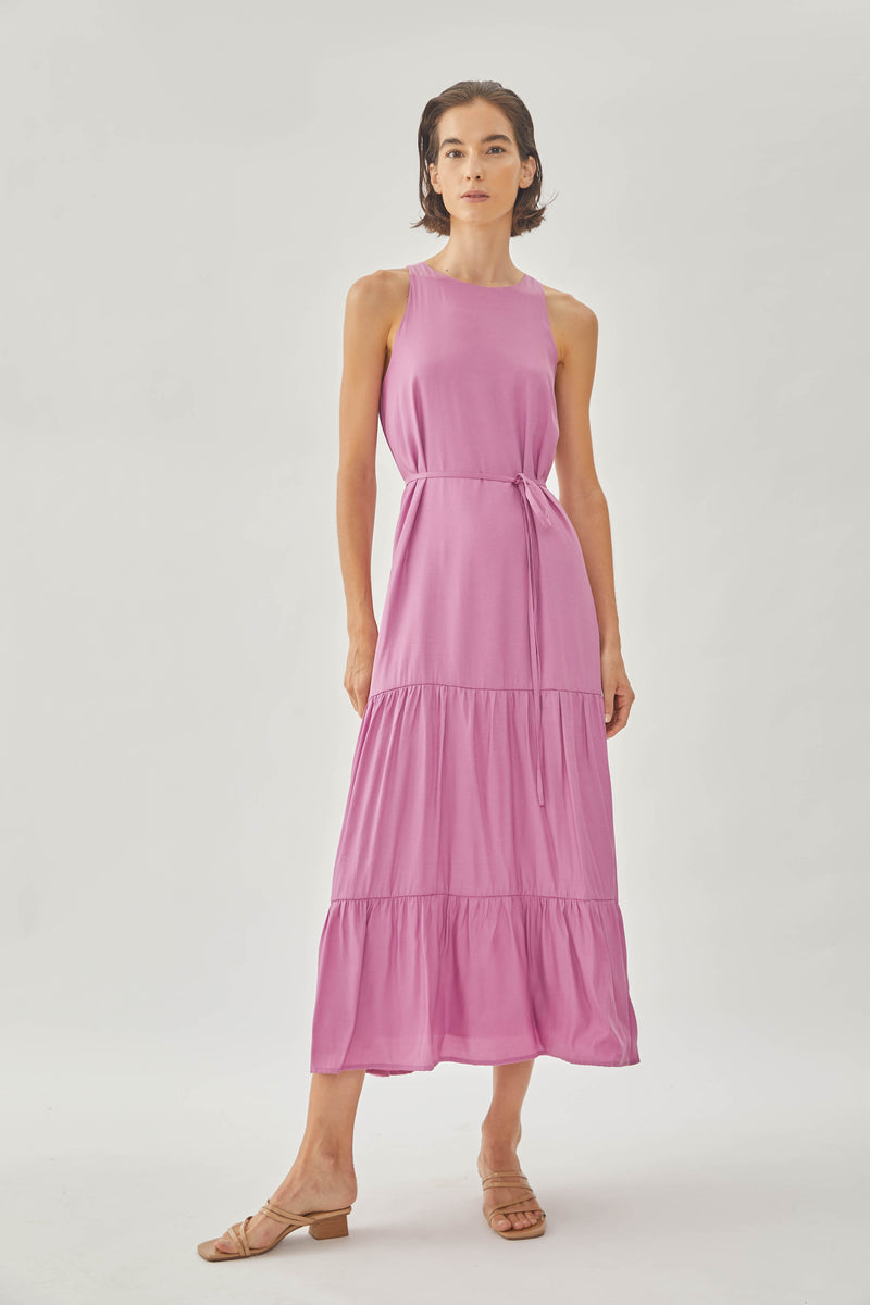 Cotton Blend Tiered Maxi Dress in Hibiscus