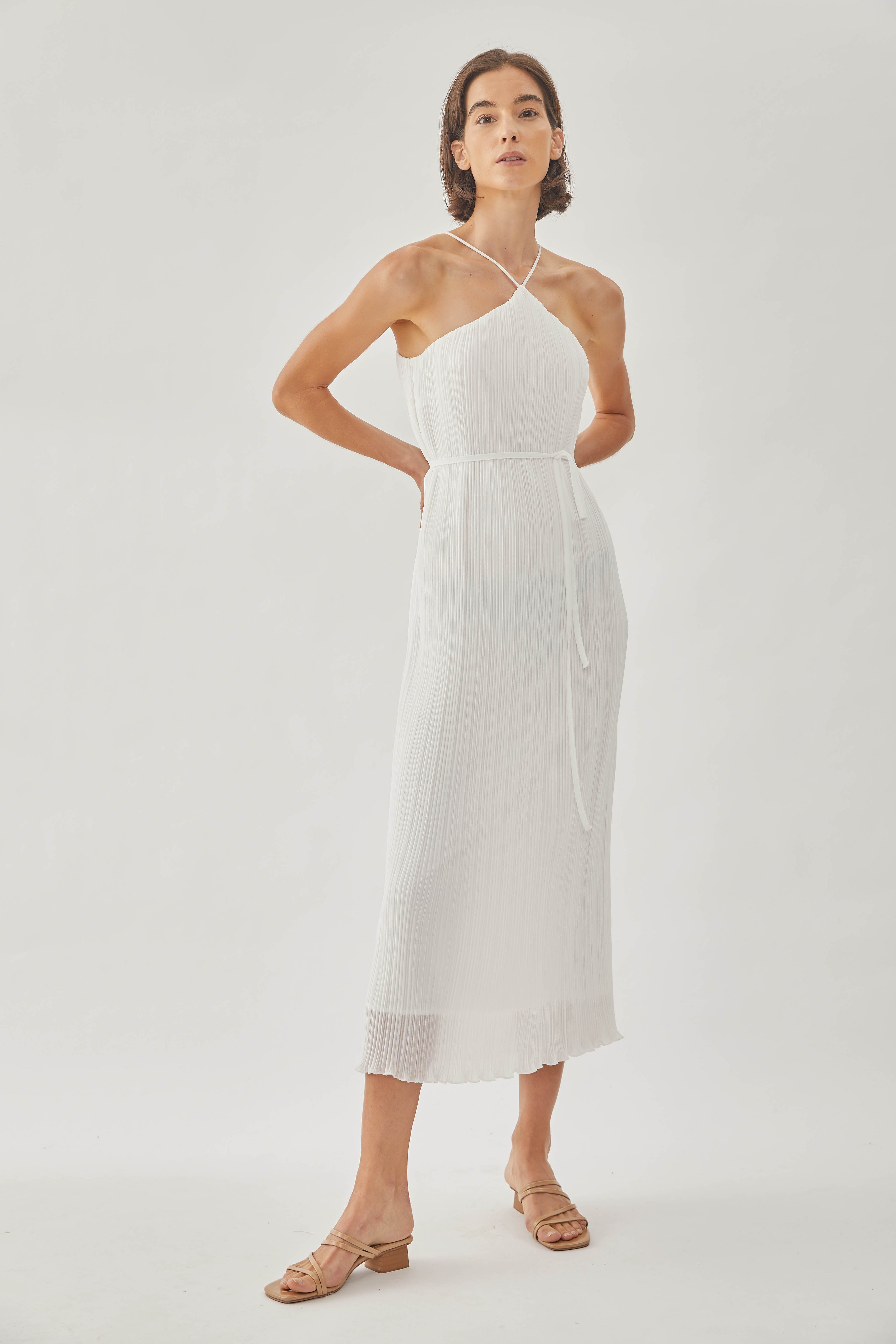 Halter Pleated Maxi Dress in White